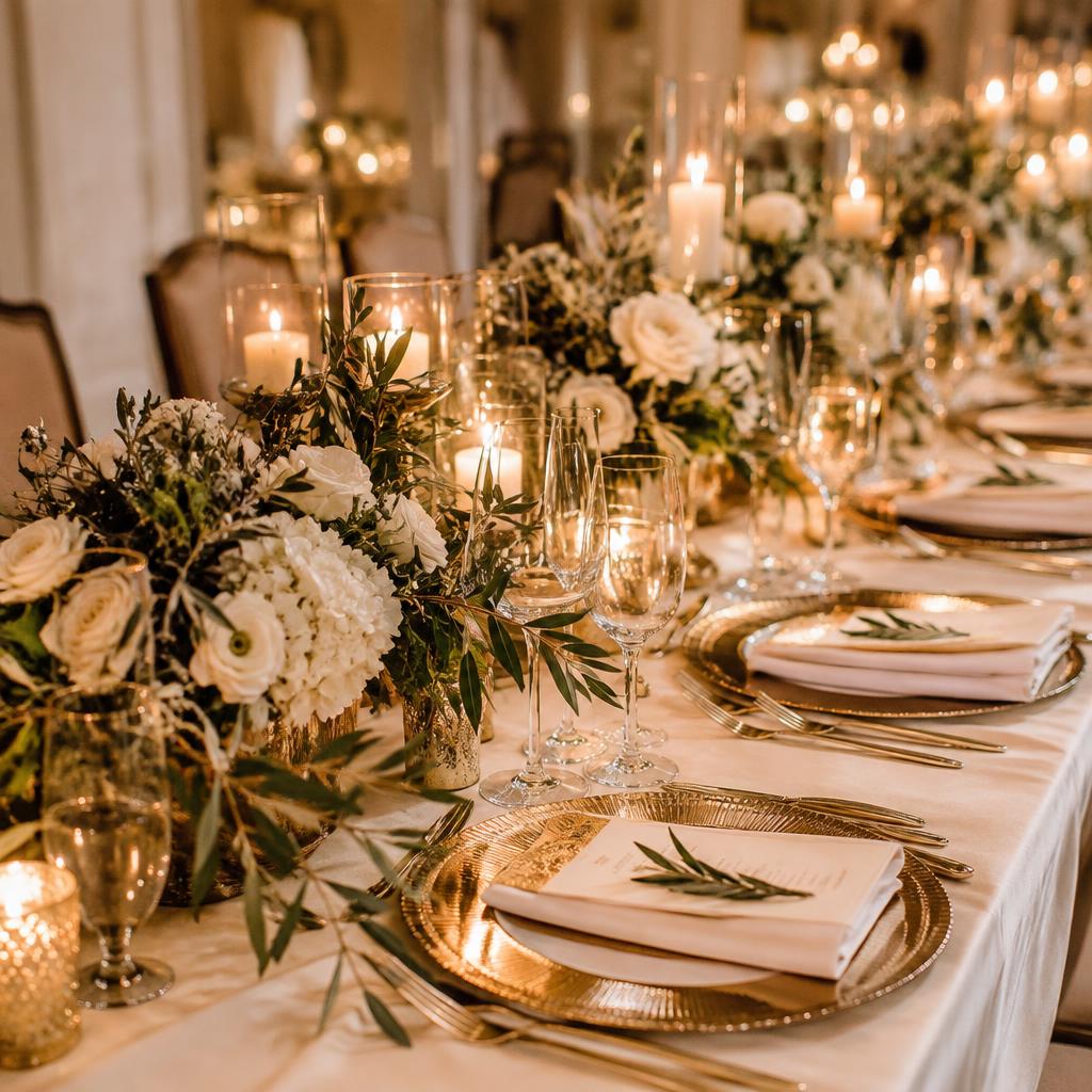 Table styled with gold chargers and candlelight
